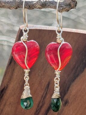 Sterling Silver Emerald Gemstone Earrings Romantic Red Glass Heart Beads